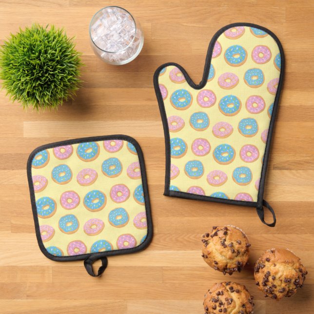 Pink und Blue Doughnut Muster Ofenhandschuh & Topflappen-Set (Oben Unten)