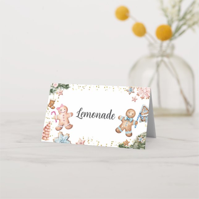 Pink und Blue Gingerbrot Cookies Gender Reveal Platzkarte (Vorderseite)