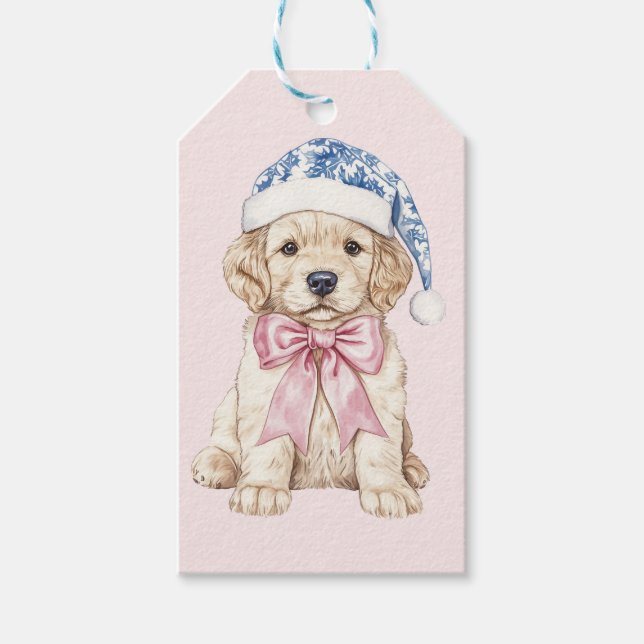 Pink und Blue Grandmillennial Christmas Puppy Geschenkanhänger (Vorderseite)