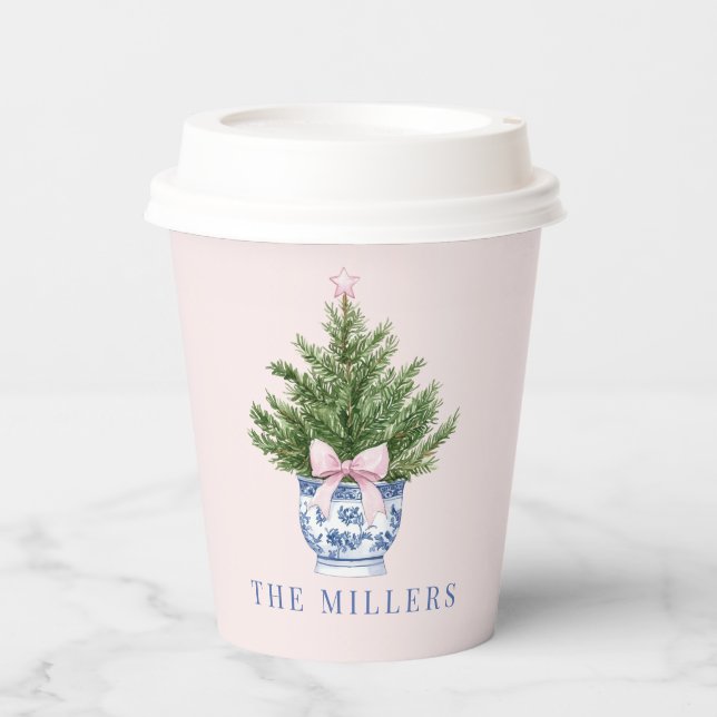 Pink und Blue Grandmillennial Weihnachtsbaum Pappbecher (Vorderseite)