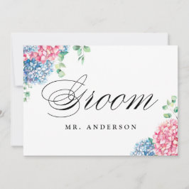 Pink und Blue Hydrangeas Groom Wedding Sign Feiertagskarte
