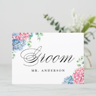 Pink und Blue Hydrangeas Groom Wedding Sign Feiertagskarte