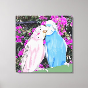 Pink und Blue Kissing Budgies und Bougainvillea Leinwanddruck