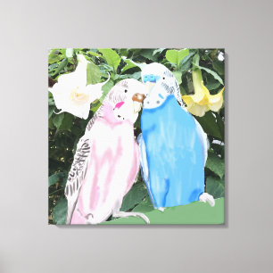 Pink und Blue Kissing Budgies und Engel Trumpets Leinwanddruck