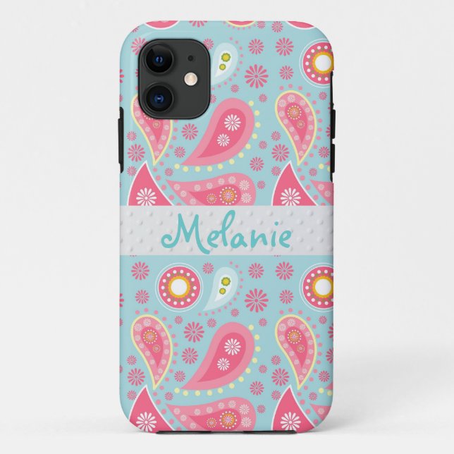 Pink und Blue Paisley iPhone Monogram Custom Case-Mate iPhone Hülle (Rückseite)
