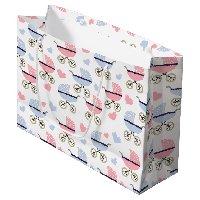 Pink und Blue Pram Pattern Babydusche Große Geschenktüte (Vorderseite Schrägansicht)