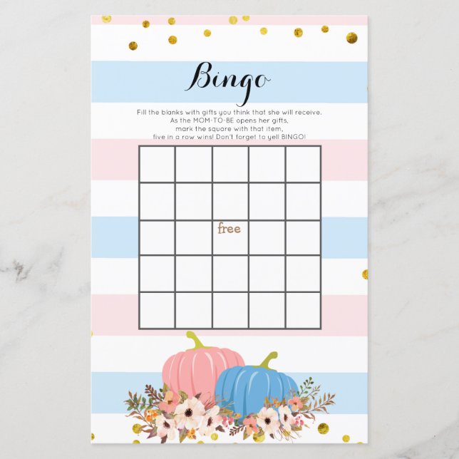 Pink und Blue Pumpkin Baby Showdusche Bingo Spiel (Vorderseite)