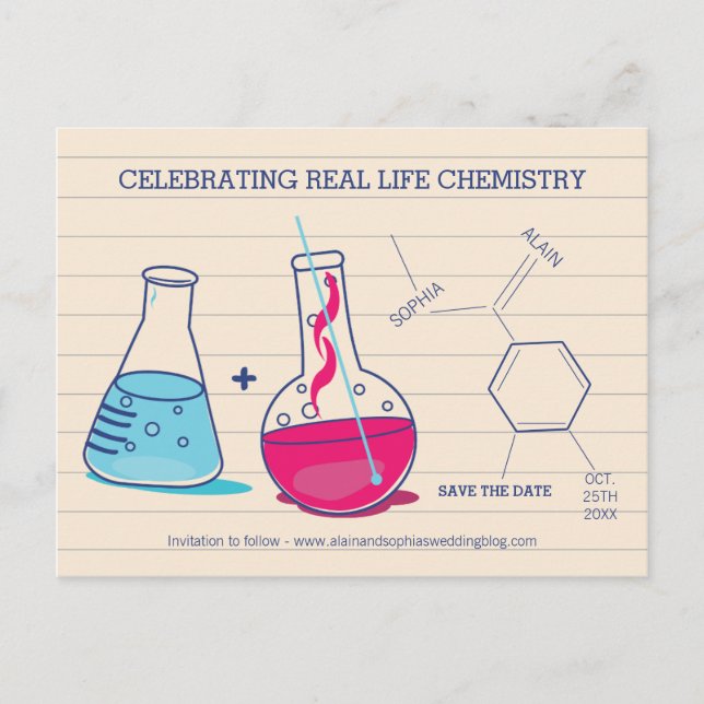 Pink und Blue Save the Date Chemie Postkarten (Vorderseite)