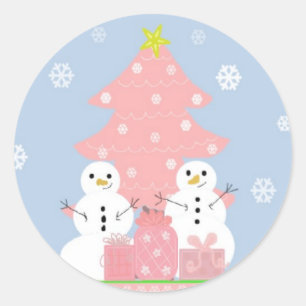Pink und Blue Snowman Scene Runder Aufkleber