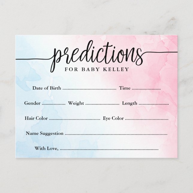 Pink und Blue Watercolor Baby Predictions Card Postkarte (Vorderseite)