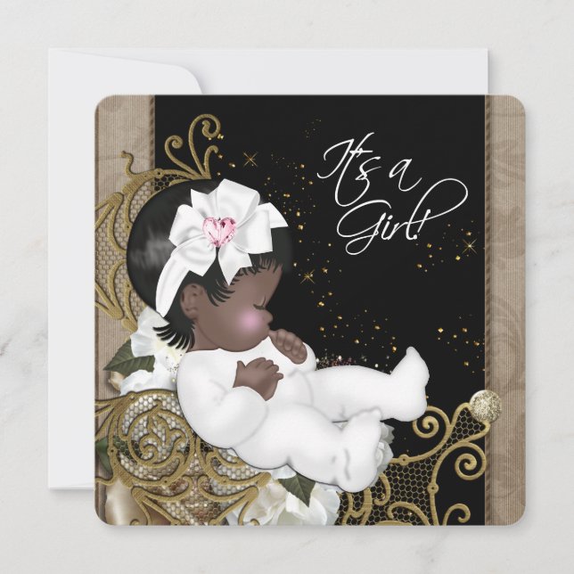 Pink und Brown African American Baby Girl Dusche Einladung (Vorderseite)