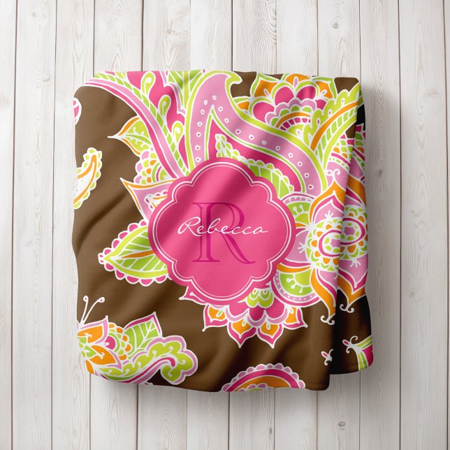 Pink und Brown Boho Paisley Mit Monogramm Fleecedecke (Von Creator hochgeladen)