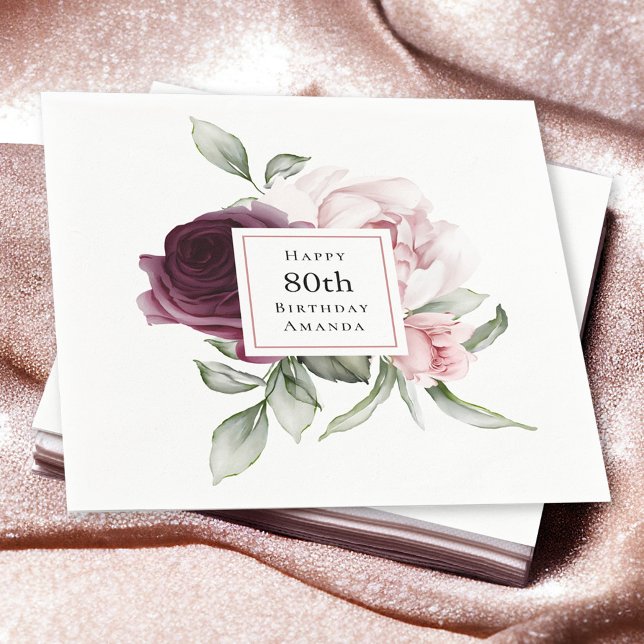 Pink und Burgund Floral 80. Geburtstag Serviette (Von Creator hochgeladen)