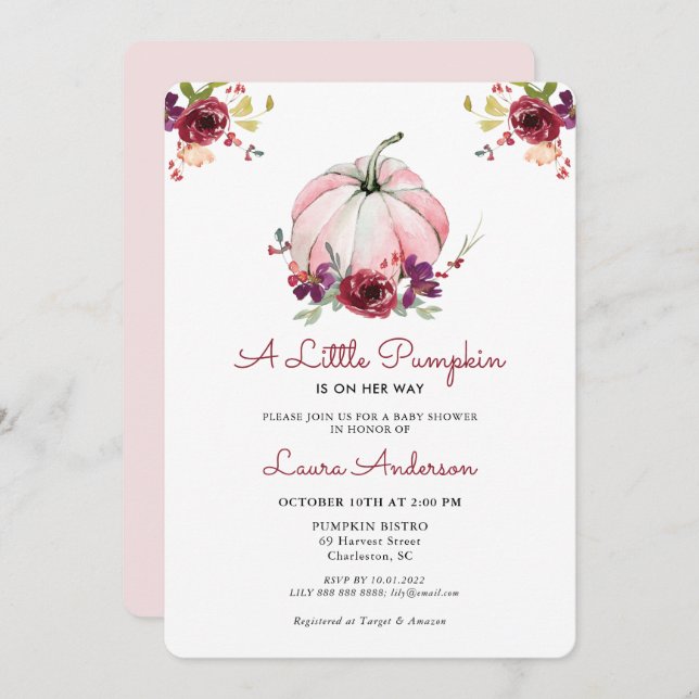 Pink und Burgundy Floral Pumpkin Baby Dusche Einladung (Vorne/Hinten)