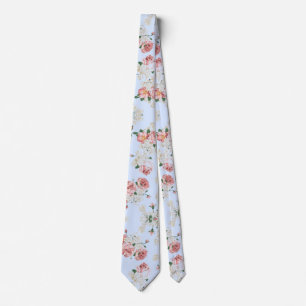 Pink und Creme auf Blau Vintage-Blumen Krawatte