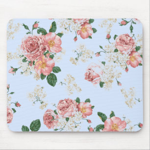 Pink und Creme auf Blau Vintage-Blumen Mousepad