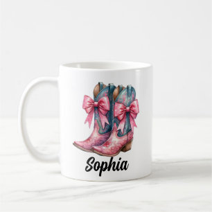 Pink und Denim Blue Cowgirl Stiefel personalisiert Kaffeetasse