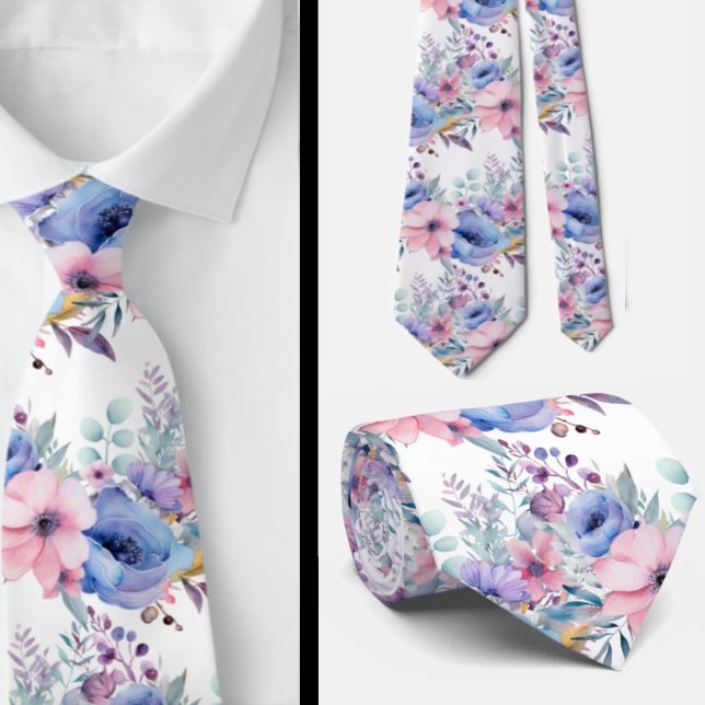 Pink und Dusty Blue Floral Neck Tie Krawatte (Von Creator hochgeladen)