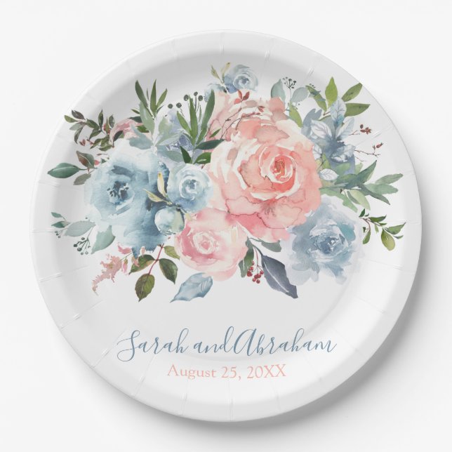 Pink und Dusty Blue Floral Rose Hochzeit Pappteller (Vorderseite)
