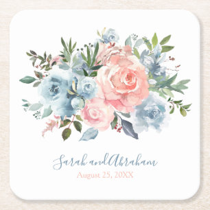 Pink und Dusty Blue Floral Rose Hochzeit Rechteckiger Pappuntersetzer