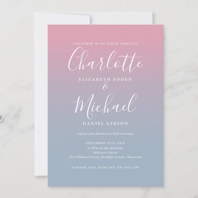 Pink und Dusty Blue Ombre QR Code Wedding Einladung (Vorderseite)