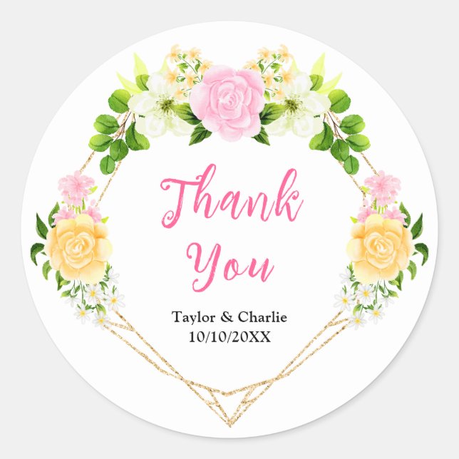 Pink und Gelb Hochzeit der Blüte Danke Runder Aufkleber (Vorderseite)