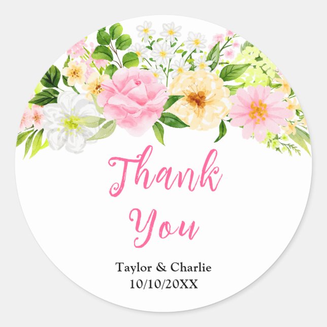 Pink und Gelb Hochzeit der Blüte Danke Runder Aufkleber (Vorderseite)