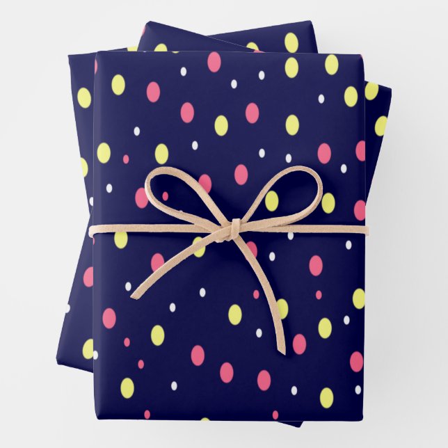 Pink und Gelb Polka Punkte auf Navy Blue Geschenkpapier Set (Beispiel)
