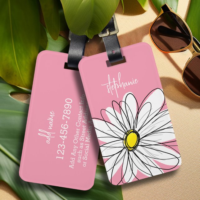 Pink und gelber weißer Sehnenunterdruck, benutzerd Gepäckanhänger (Whimsical Daisy personalized luggage tag)