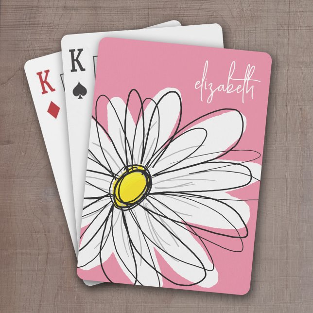Pink und gelber weißer Sehnenunterdruck, benutzerd Spielkarten (Whimsical Daisy Drawing with a place to add your name - personalized playing cards)