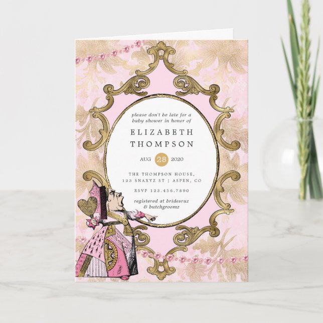 Pink und Gold Alice im Wunderland Kinderdusche Einladung (Vorderseite)