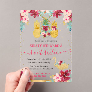 Pink und Gold Ananas & Flamingo 16 . Geburtstag Acryleinladungen