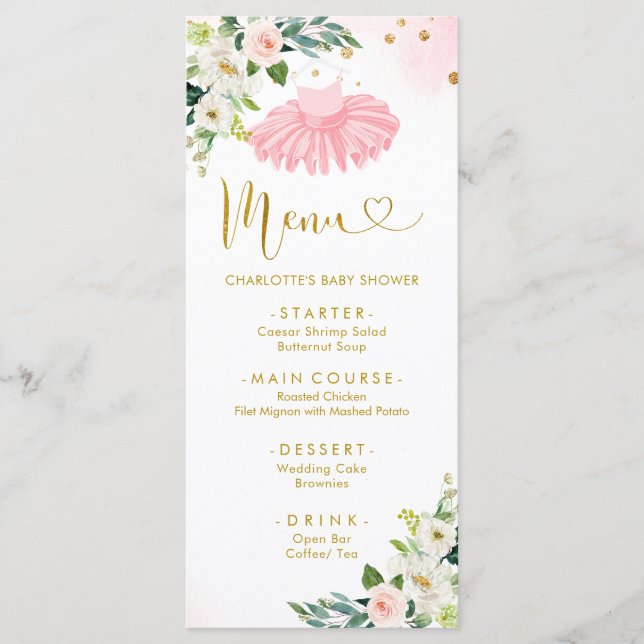 Pink und Gold Ballerina Tutu Baby Duschmenü Menükarte (Vorderseite)