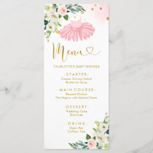 Pink und Gold Ballerina Tutu Baby Duschmenü Menükarte