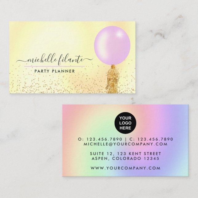 Pink und Gold Ballon Party Plane Business Card Visitenkarte (Vorne/Hinten)