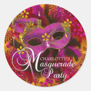 Pink- und Gold-Blumen-Maskenball-Party-Aufkleber Runder Aufkleber