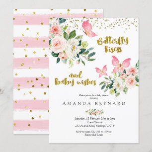 Pink und Gold Butterfly Kisses und Baby Wish Einladung