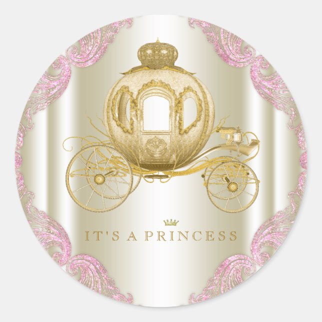 Pink und Gold Carriage Princess Baby Dusche Runder Aufkleber (Vorderseite)
