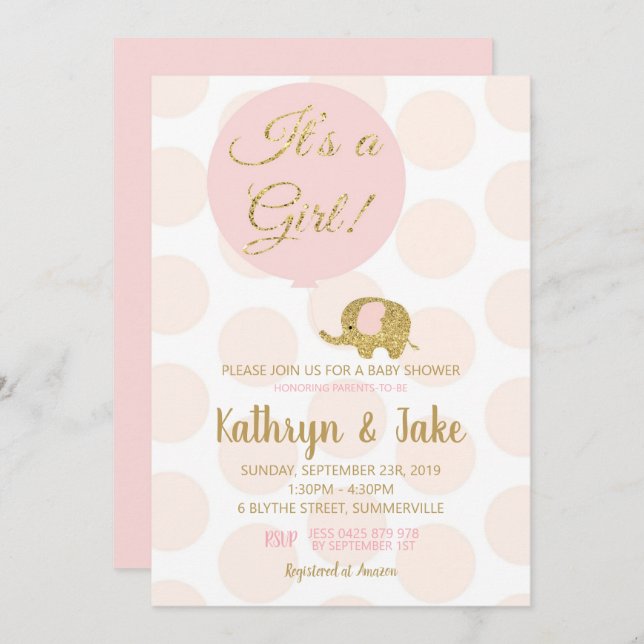 Pink und Gold Elephant Baby Shower Einladung Girl (Vorne/Hinten)