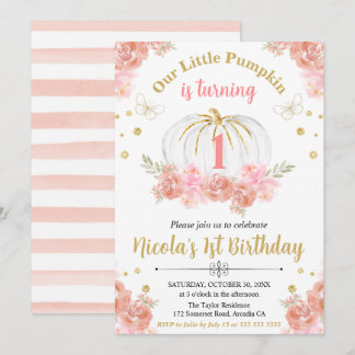 Pink und Gold Floral Pumpkin Girl 1. Geburtstag Einladung