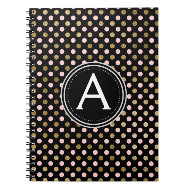Pink und Gold Foil Monogram Polka Dot Notebook Notizblock (Vorderseite)