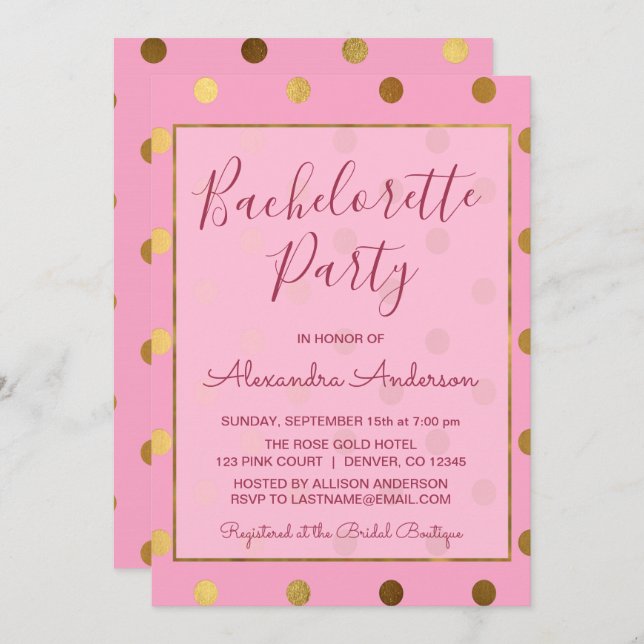 Pink und Gold Foil Polka Dot Junggeselinnen-Abschi Einladung (Vorne/Hinten)