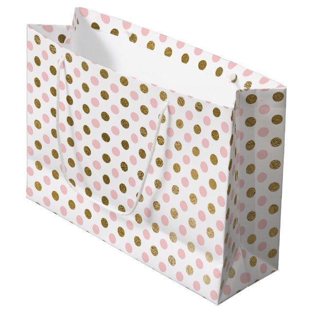 Pink und Gold Foil Polka Dot Muster Große Geschenktüte (Vorderseite Schrägansicht)