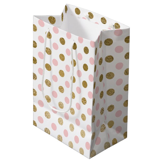 Pink und Gold Foil Polka Dot Muster Mittlere Geschenktüte (Vorderseite Schrägansicht)