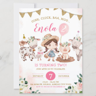 Pink und Gold Girl Farm Geburtstagsaufenthalt Einladung