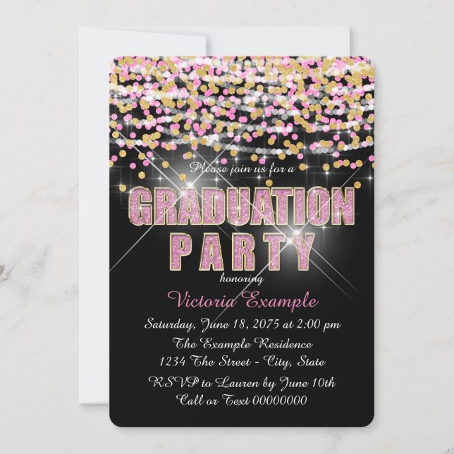Pink und Gold Glitzer Confetti Graduation Party Einladung (Vorderseite)
