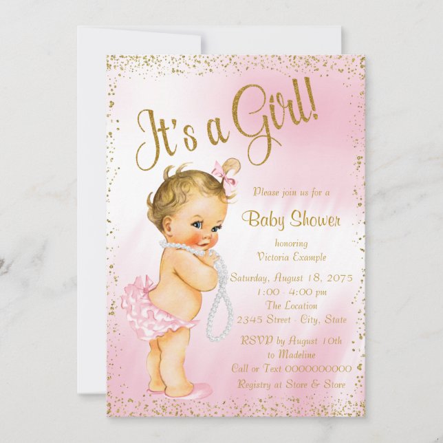 Pink und Gold Glitzer Pearl Baby Dusche Einladung (Vorderseite)