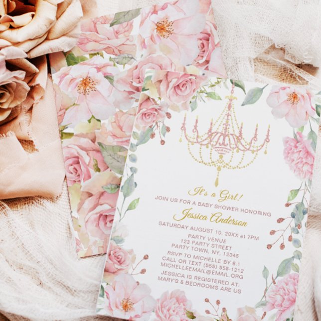 Pink und Gold Kronleuchter Blumen Rose Babydusche Einladung (Von Creator hochgeladen)