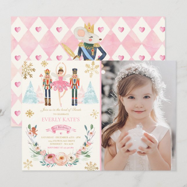 Pink und Gold Nutcracker Birthday Sugum Pflaume Fa Einladung (Vorne/Hinten)
