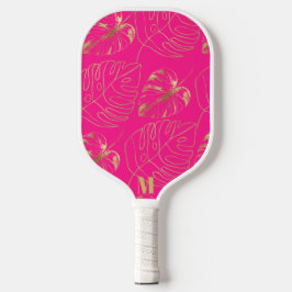Pink und Gold Palm Leaf Muster | Modernes Monogram Pickleball Schläger